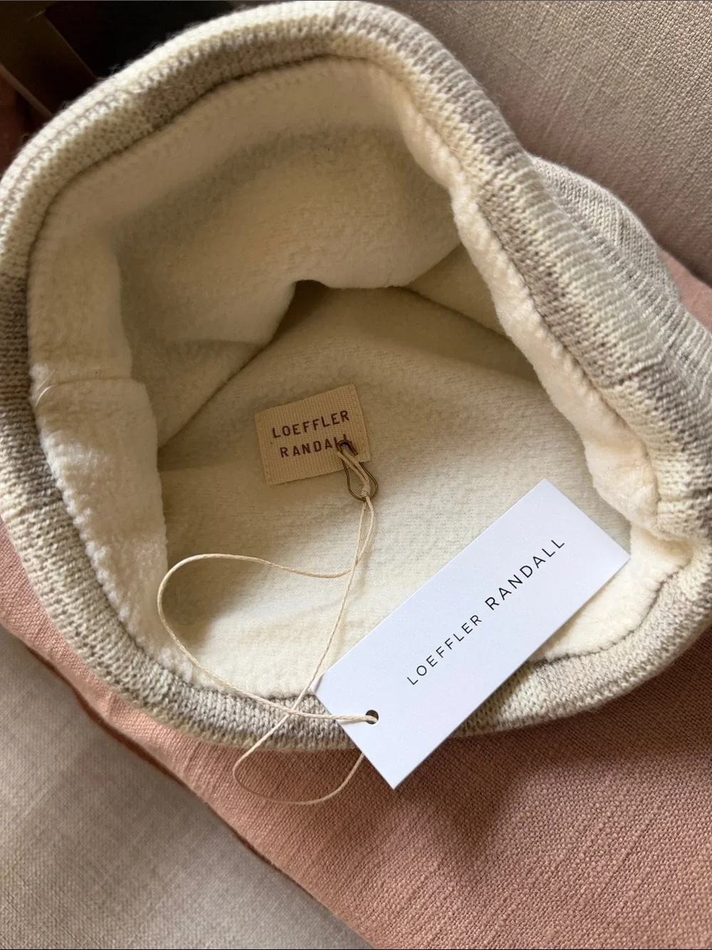 Loeffler Randall Cream and Taupe Ribbed Knit Beanie